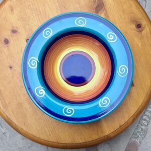 Rimmed Soup Bowl Pasta Plate 9.25 Inch Blue Orange Swirl Living Art Morocco